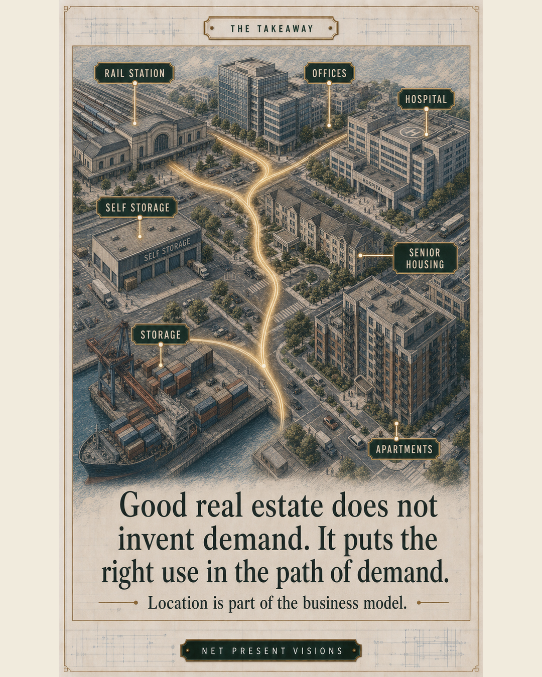 Illustrated city map connecting real estate uses with sources of demand